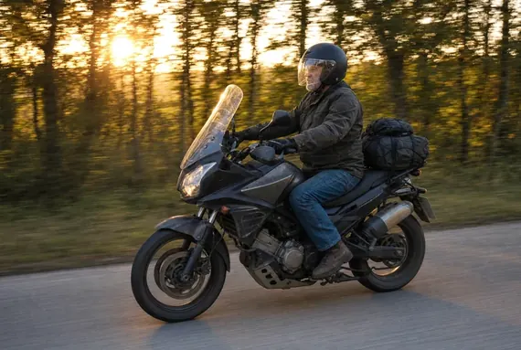 Motorrijder op een bepakte toermotor, lange weg bij zonsondergang